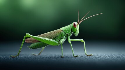 Fototapeta premium Vibrant Green Grasshopper Crawling on Surface with Blurred Background