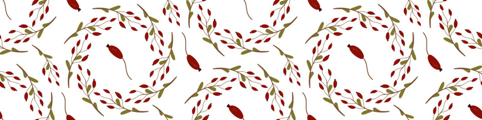 Elegant Vector Seamless Autumn Pattern with red berry branches and green leaves. Perfect for fabric, wallpaper, packaging, scrapbooking, and seasonal design projects with a cozy fall atmosphere. 