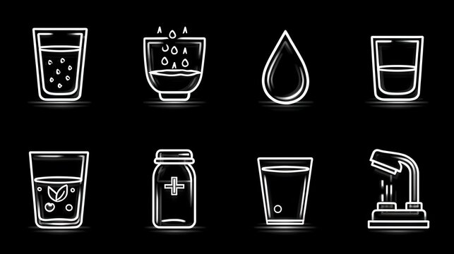 Glowing white outline icons showcase various water related elements on a solid black background for hydration and health concepts