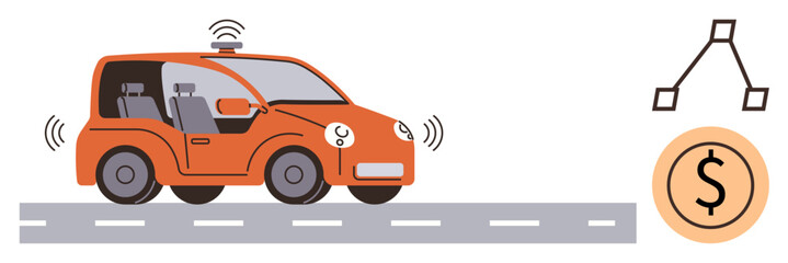 Naklejka premium Self-driving car with sensors on highway, connected nodes, and cost icon. Ideal for AI, transportation, connectivity, future tech, innovation smart vehicles economy. Simple flat metaphor