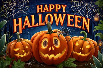 Orange cartoon pumpkins radiate light, displaying Happy Halloween with spooky webs for party posters, invites.