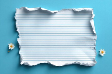 Obraz premium Ripped lined paper on a light-blue background, with small white flowers