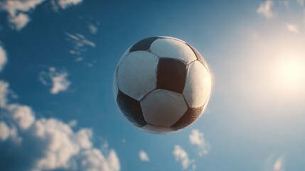 Soccer ball soaring, sunny sky, clouds, outdoor sport, game promotion