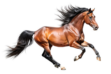 Fototapeta premium A majestic brown horse with a flowing black mane and tail, captured midgallop with its legs extended, showcasing its power and speed, isolated on a transparent background