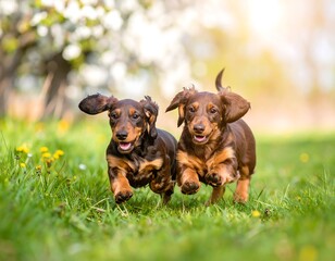 Two dachshund puppies running in a garden