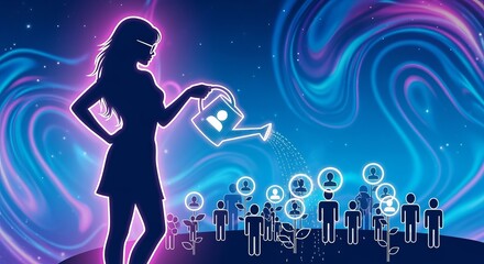 Influencer silhouette watering follower icons with digital can, growth through influence