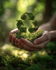Hands holding moss recycle symbol, forest background, eco-friendly concept, environmental awareness campaign