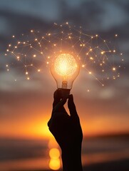 Sunset beach idea Hand holds glowing bulb, network connections, innovation concept