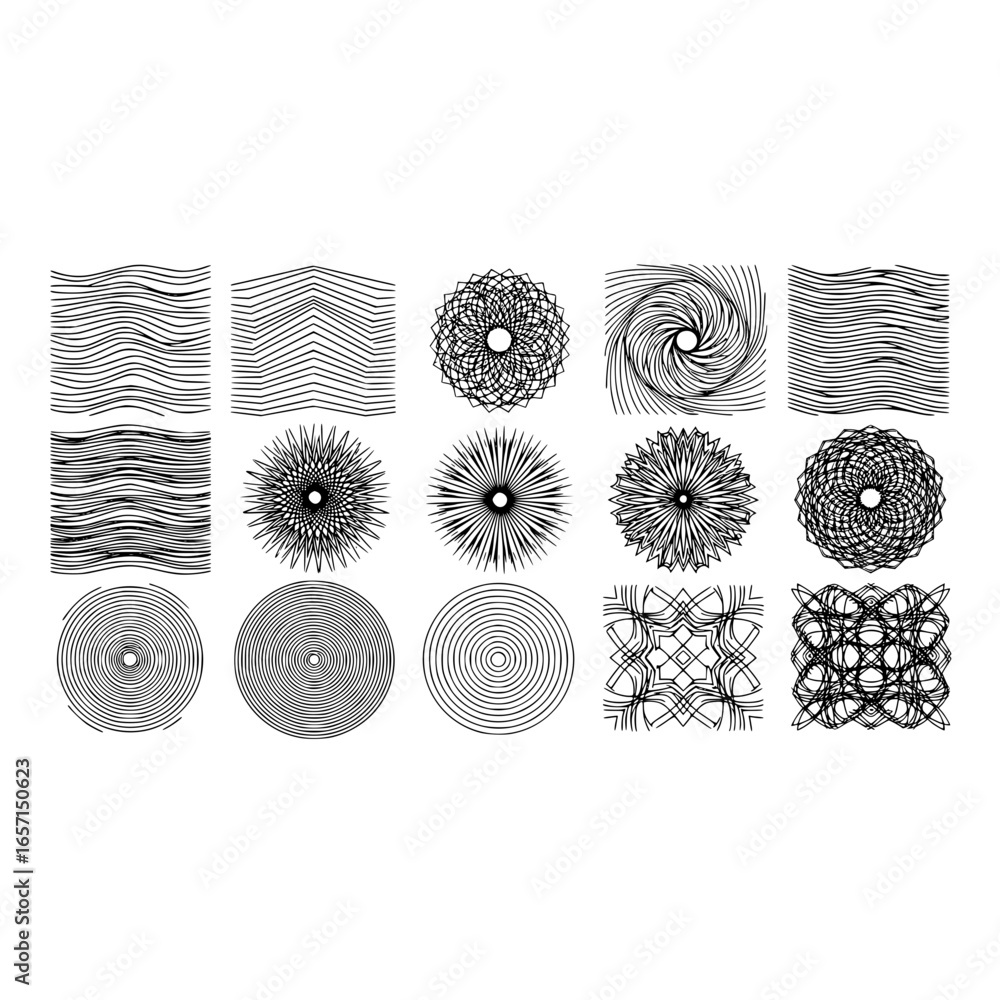 Poster abstract line art pattern design with geometric shapes circles spirals waves and flower elements vec