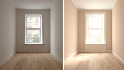 Before & After Room Paint Light Beige Walls, Sunlight, Wooden Floor, Empty Room, Interior Design