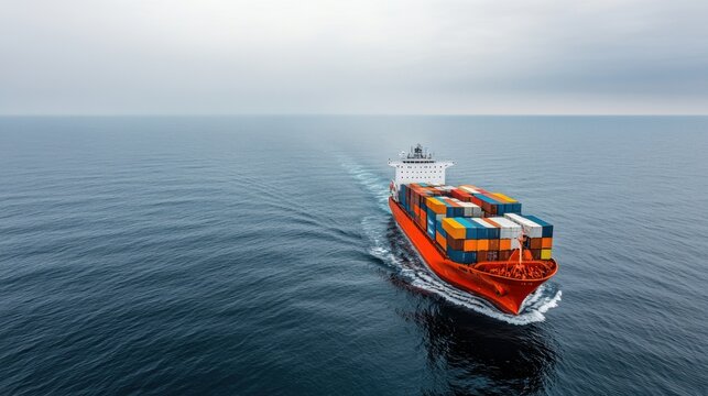 Container ship navigating calm waters under overcast sky with cargo colors - Powered by Adobe