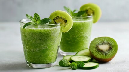 two green smoothies with orange kiwi cucumber and mint on marble table