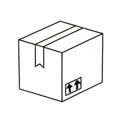 Line drawing of a cardboard box with an upward arrow symbol on white
