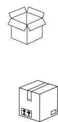 Minimalist line drawing of a simple open cardboard box viewed from above at an angle