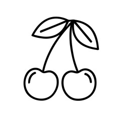 Minimalist depiction of a pair of cherries with stems and leaves in outline style