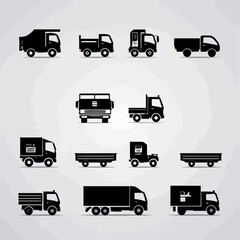 A collection of black silhouette icons representing various types of trucks and delivery vehicles.