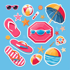 Summer beach vacation themed sticker set with sunglasses, flip flops, beach ball and umbrella.
