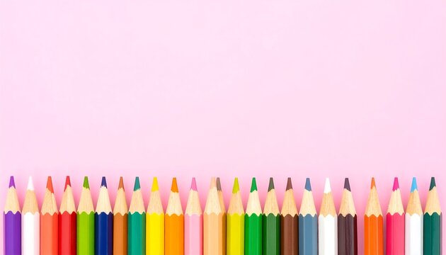 Row of colored pencils on pink background