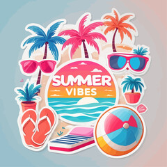 A vibrant collection of summer-themed stickers featuring palm trees, sunglasses, beach accessories, and a 'Summer Vibes' emblem, perfect for vacation and tropical designs.
