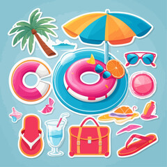 Colorful illustration of summer vacation elements including beach accessories and tropical items.