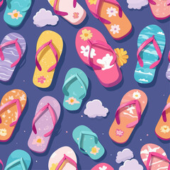 Colorful flip-flops pattern with clouds, perfect for summer vacation and beach vibes.