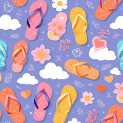 Seamless summer pattern with flip-flops, flowers and hearts.