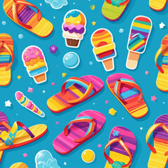 A vibrant and colorful seamless pattern featuring summer icons like flip-flops, ice cream, and popsicles on a bright blue background.