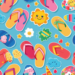 A vibrant seamless pattern featuring colorful summer items like flip-flops, suns, and ice cream on a bright blue background.