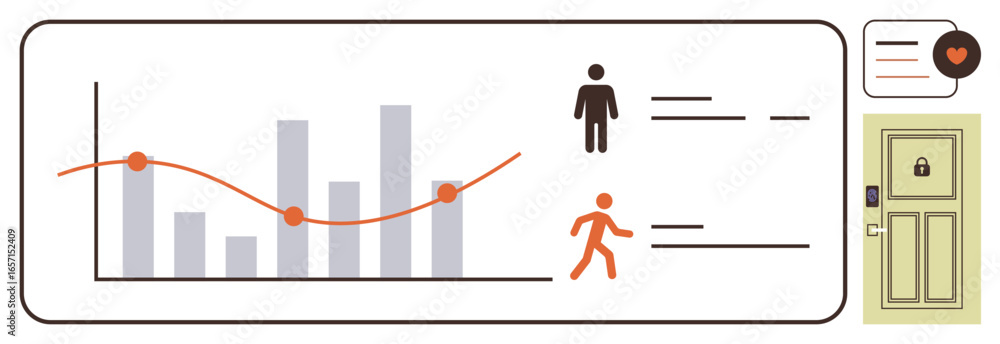 Poster bar chart and line graph data, profiles of a person and a runner, message icon with heart, locked do