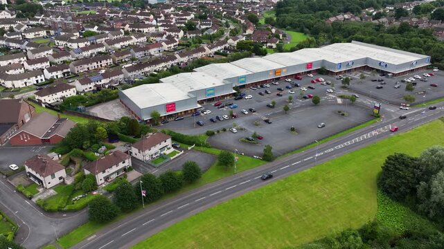 Aerial View of Harry Corry, Smyths Toys, Halfords, USC Ladies Clothes Shop and GO Outdoors at Valley Retail Park Shopping Centre Newtownabbey N Ireland 12-08-25