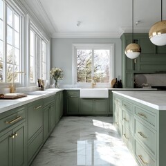 Green kitchen island, marble floor, sunlight, modern design, home decor
