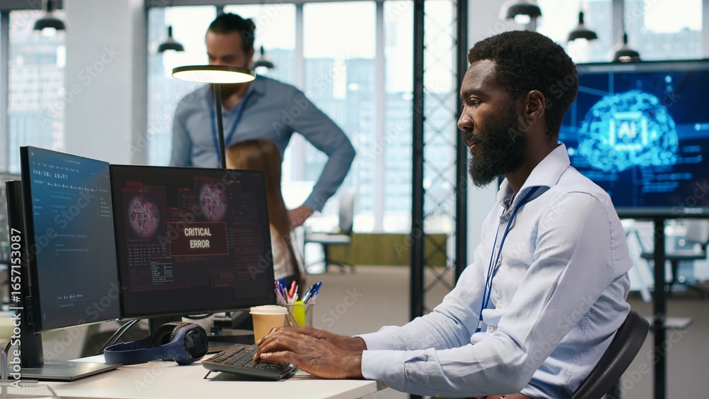 Aufkleber programmer in office requesting help from coworkers to fix critical error warning. it employee and c