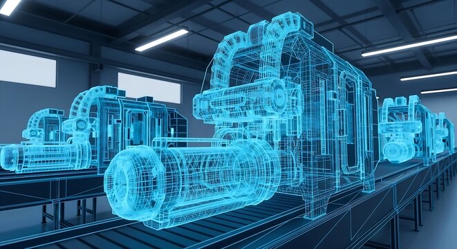Futuristic holographic blueprint of industrial machinery on an assembly line