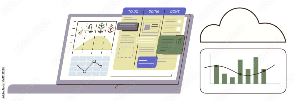 Poster laptop displaying task boards, bar and line charts, and data analytics alongside a cloud suggesting 