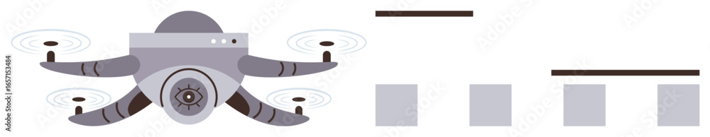 Poster drone with camera scanning rectangular buildings and flat rooftops. ideal for technology, innovation
