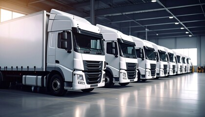 Rows of white trucks in a warehouse