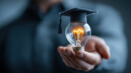 Man holds glowing light bulb with graduation cap symbol concept for educational ideas