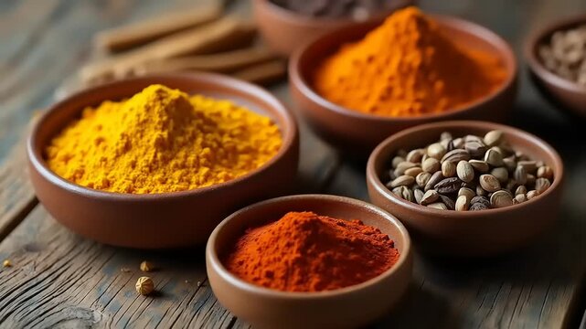 Aromatic Spices in Bowls on Wood.