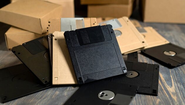 Vintage floppy disks and cardboard boxes