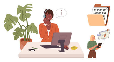 Professional customer service representative at desk with headset, computer, and digital tools. Ideal for support, technology, communication, teamwork, remote work, service business productivity