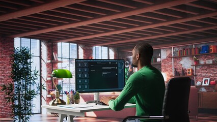 Remote worker uses conversational AI bot to help solve daily tasks, chatting with machine learning powered chatbot to generate data responses. Efficiency with AI assistant tool. Camera B.