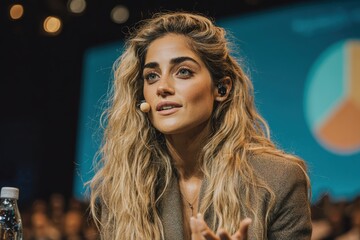 Confident woman speaker with blonde hair presenting at a conference, wearing headset microphone, engaging with the audience and gesturing with hands, looking upwards