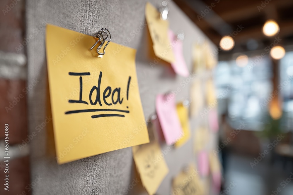 Poster close-up of a bright yellow sticky note with the word 