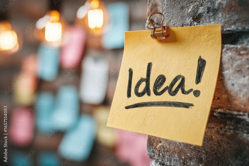 Poster creative workspace with yellow sticky note attached to a brick wall, labeled idea! and featuring blu