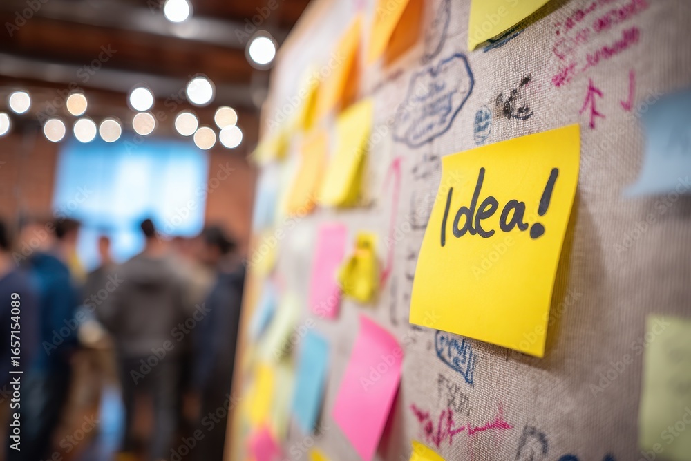 Poster brainstorming session showing a board covered with colorful sticky notes with ideas, business strate