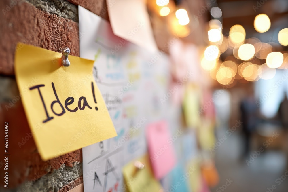 Poster a creative idea pinned to a brick wall in a bright office space filled with sticky notes and brainst