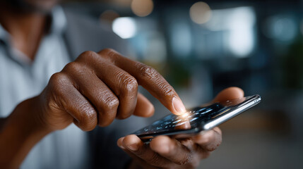 Obraz premium Detailed close-up view showing a hand interacting with a smartphone, emphasizing user engagement and the intricate touch technology in the digital age.