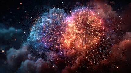 Brilliant fireworks display over city skyline and water at night creating colorful reflections