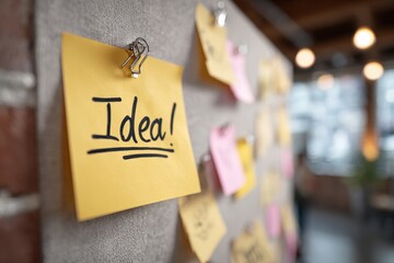 Close-up of a bright yellow sticky note with the word "Idea!" handwritten on it attached to a gray bulletin board covered in other notes in an office setting