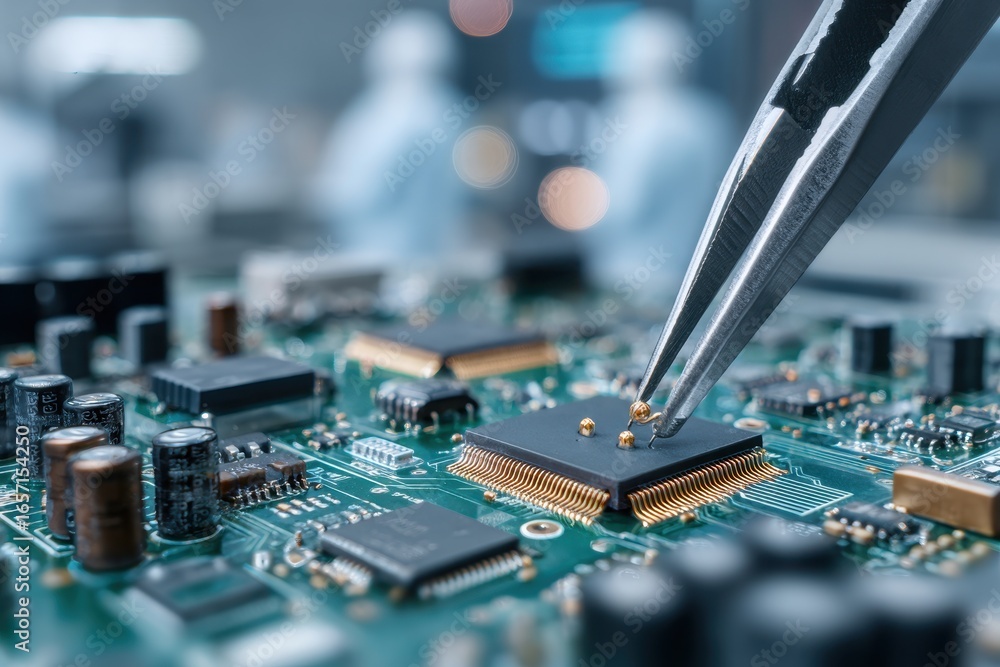Poster close-up of electronics engineer using tweezers to carefully place components onto a circuit board, 